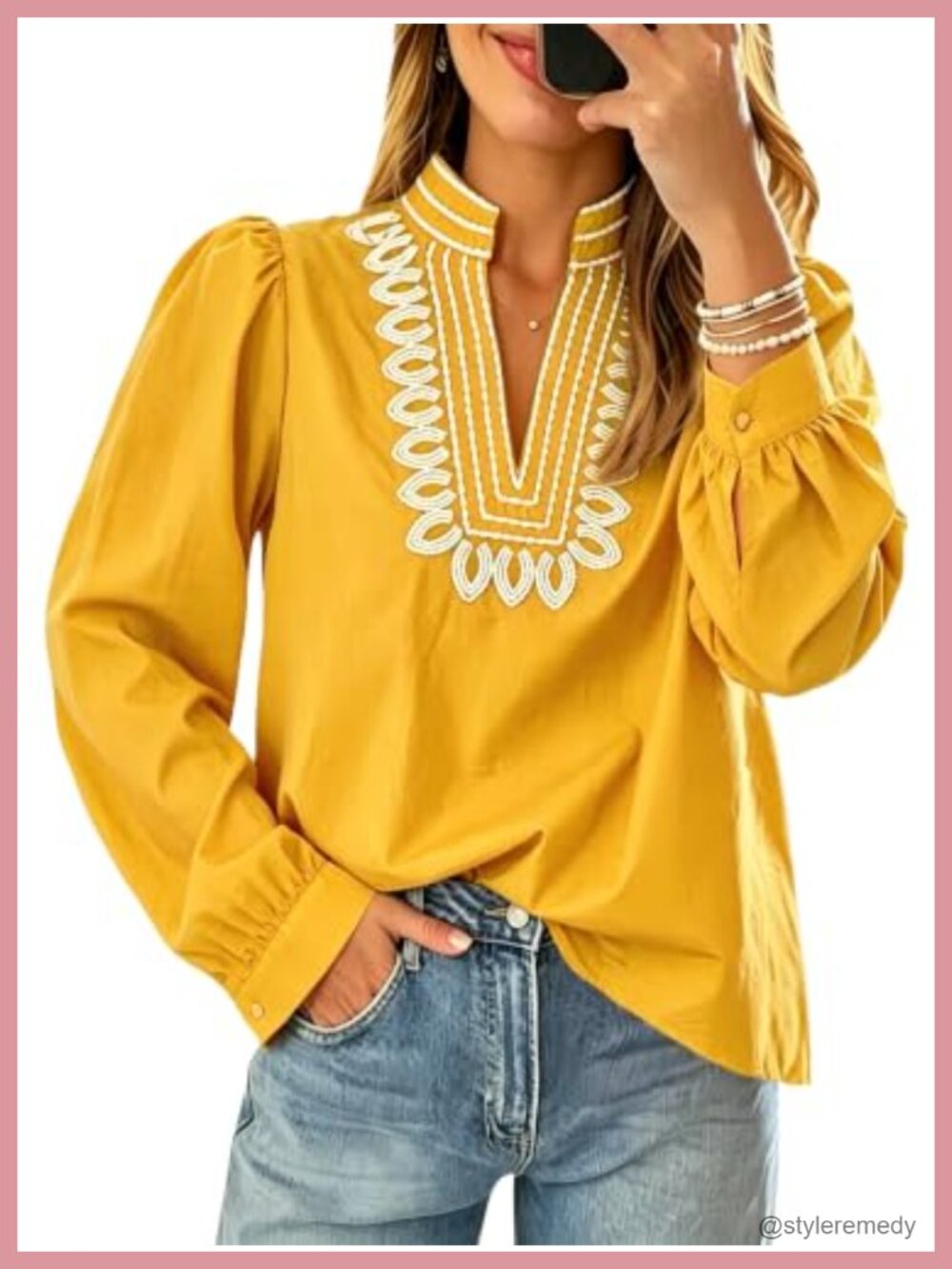 Puff Long Sleeve Embroidered Blouse V-Neck Scalloped Top
